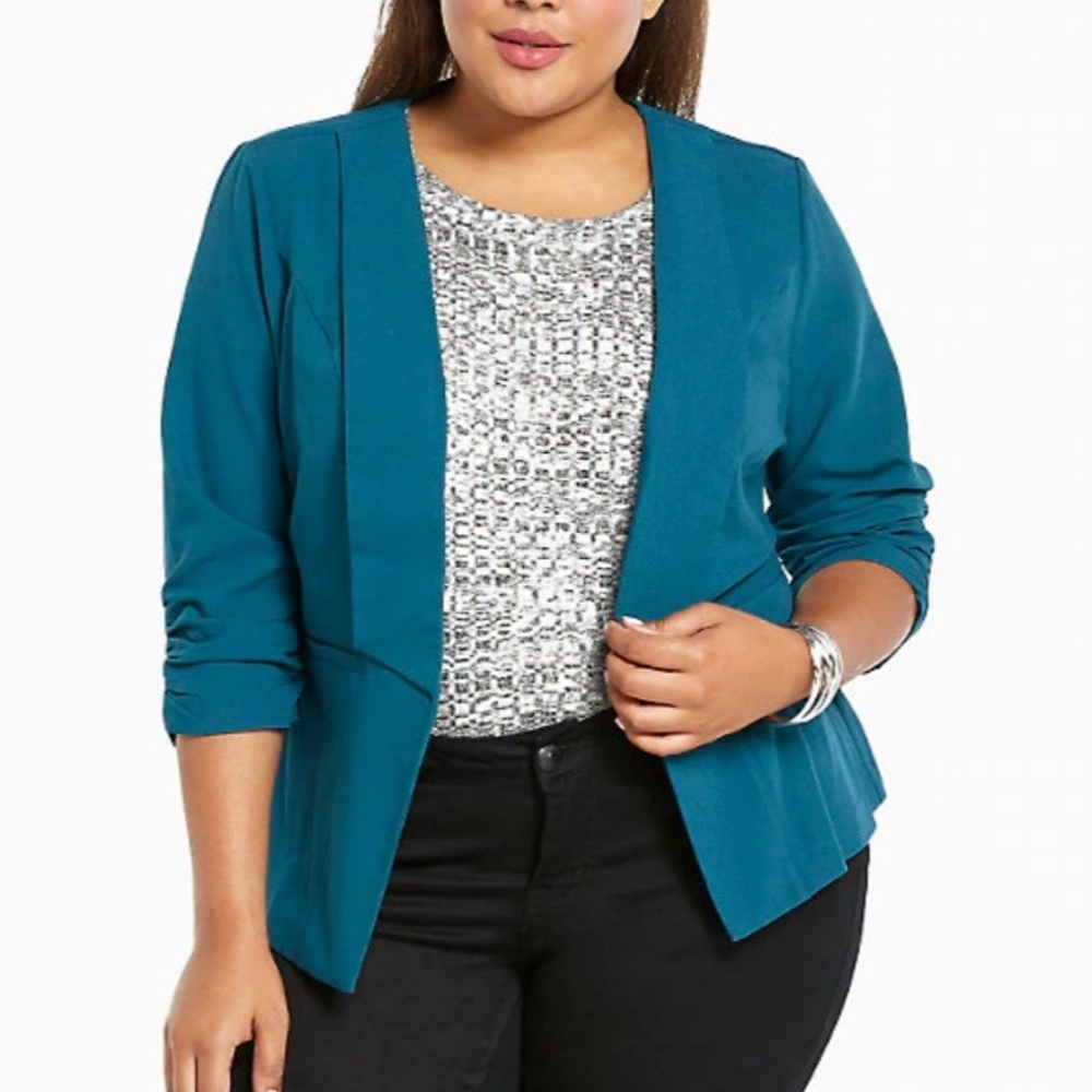 TEAL RUCHED SLEEVE BLAZER